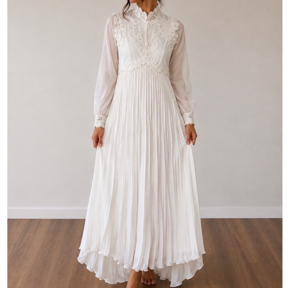 Vintage White Lace Empire Waist Pleated Maxi Wedding Dress Sheer Bishop Sleeve